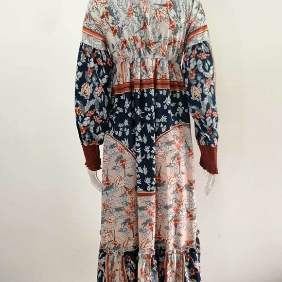 Bohemian Blue Brown Floral Print Midi Dress - Picture 5 of 6